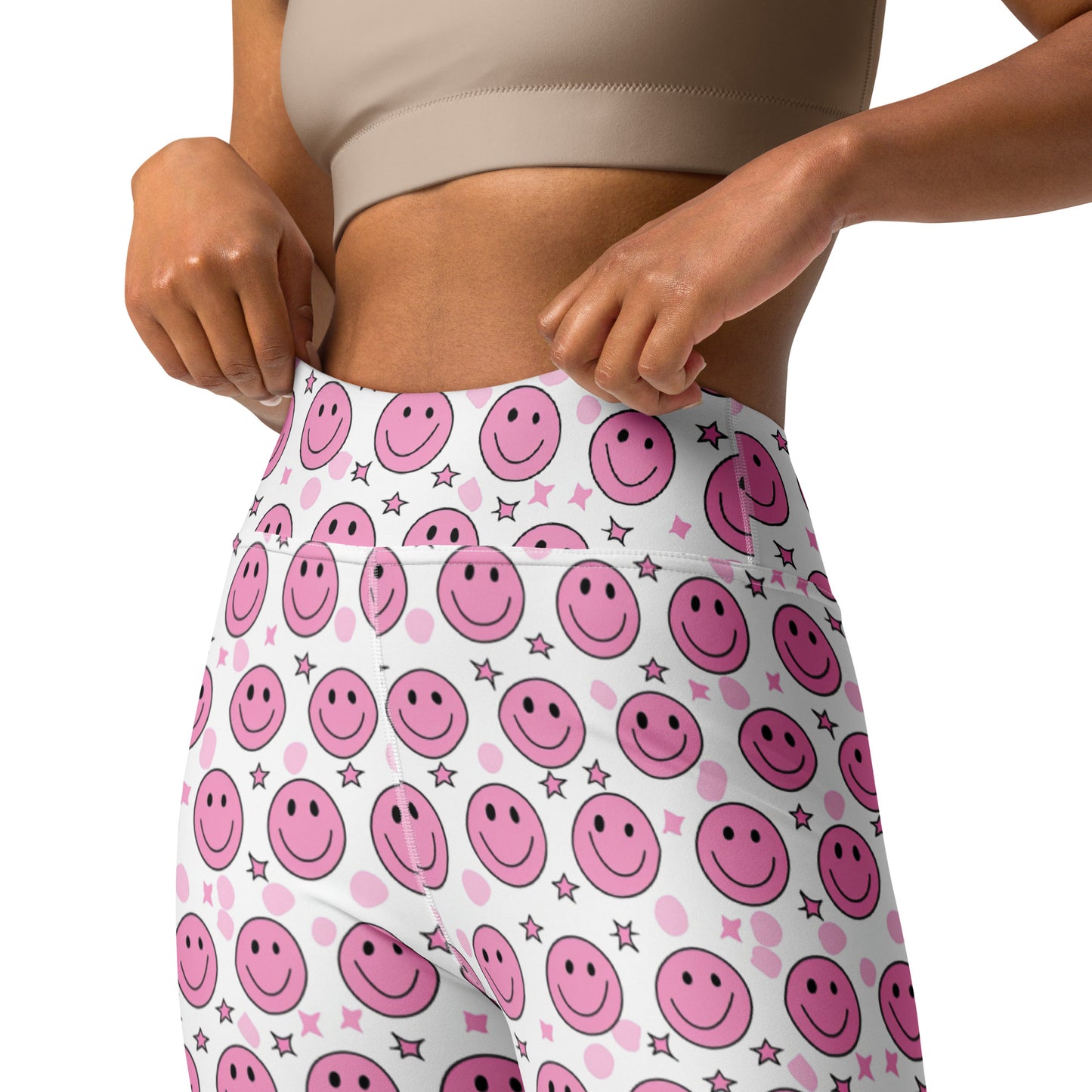 Groovy Pink Emoji Smiley & Stars Printed Yoga Leggings