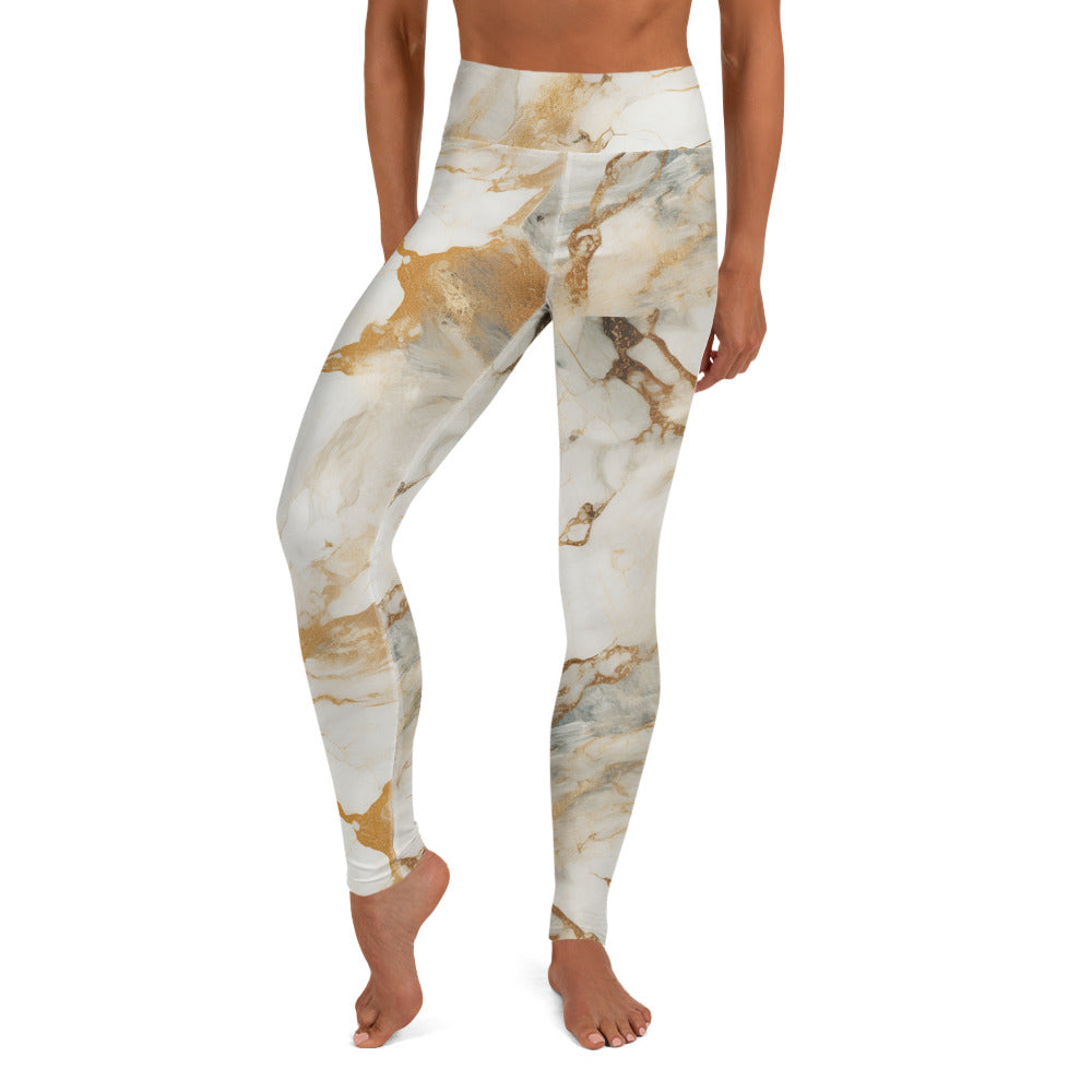 Hint of Gold White Marble Yoga Leggings