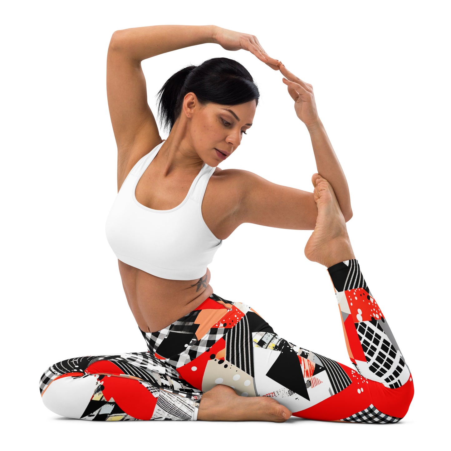 Red & Black Abstract Geometric Pattern Yoga Leggings