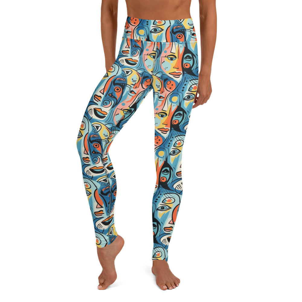 Blue & Yellow Faces Pop Art Printed Yoga Leggings