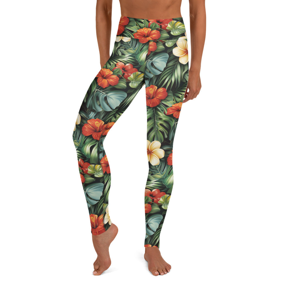 Red & Yellow Hibiscus Floral Printed Yoga Leggings