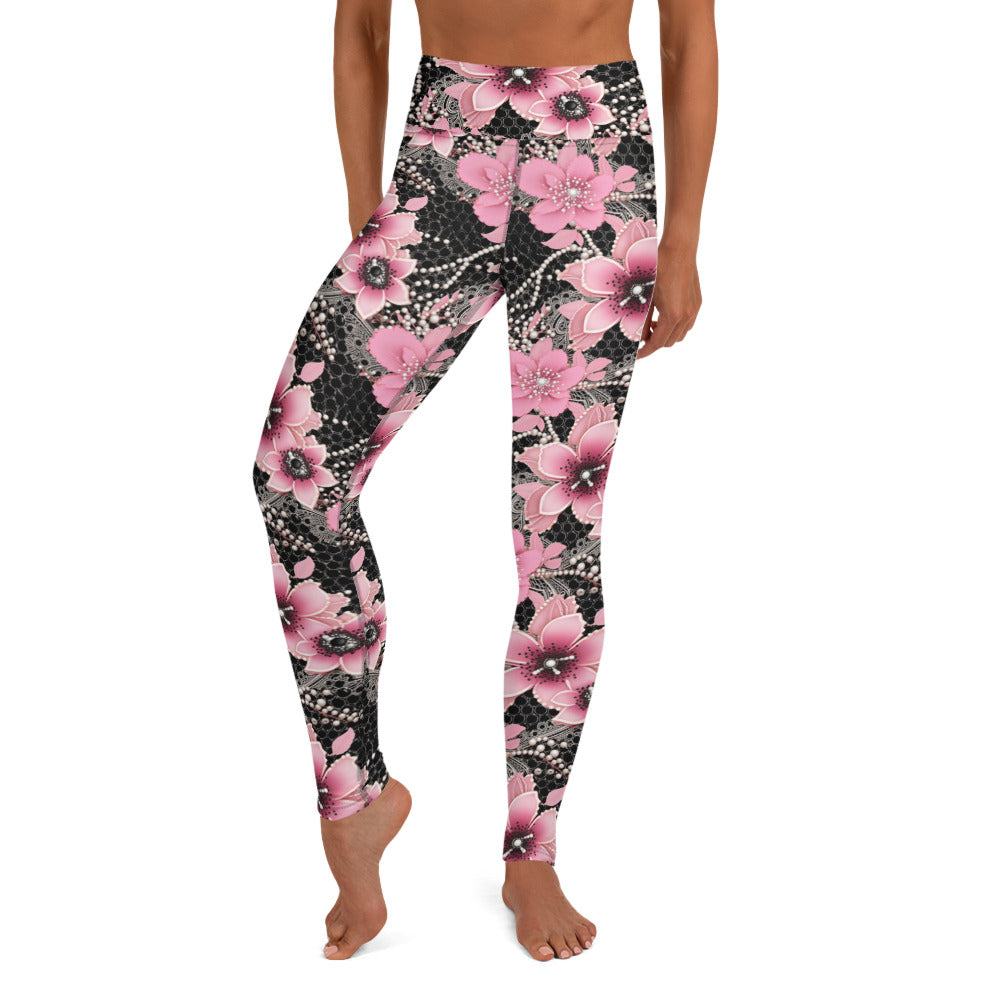 Pink Floral Pearl Pattern Printed Yoga Leggings