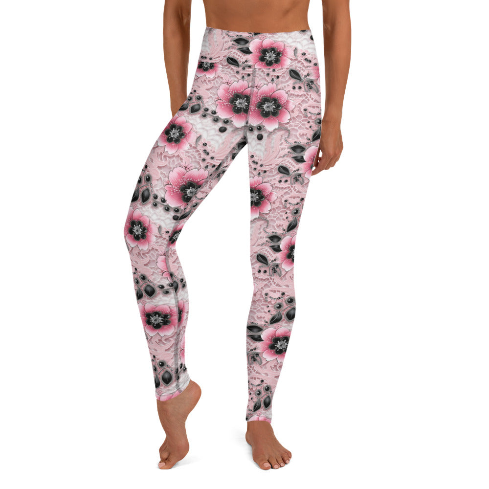 Pink & Black Floral Printed Yoga Leggings