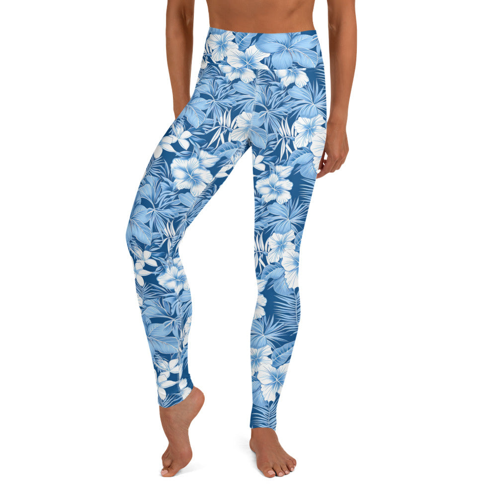 Shades of Blue Hibiscus Floral Printed Yoga Leggings