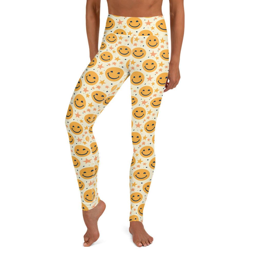 Yellow Emoji & Stars Printed Yoga Leggings