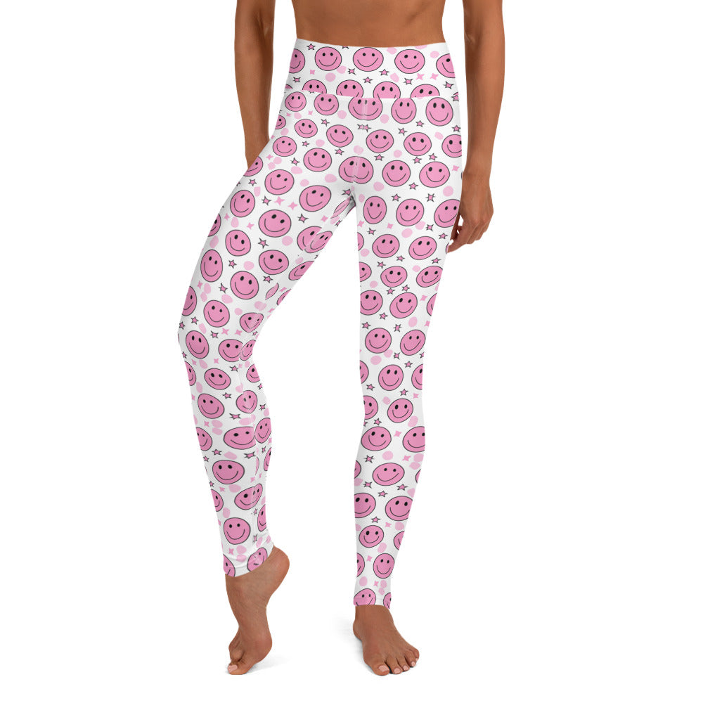 Groovy Pink Emoji Smiley & Stars Printed Yoga Leggings