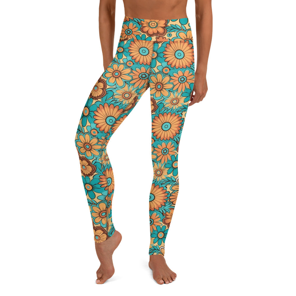 Turquois and Golden Floral Hippie Yoga Leggings