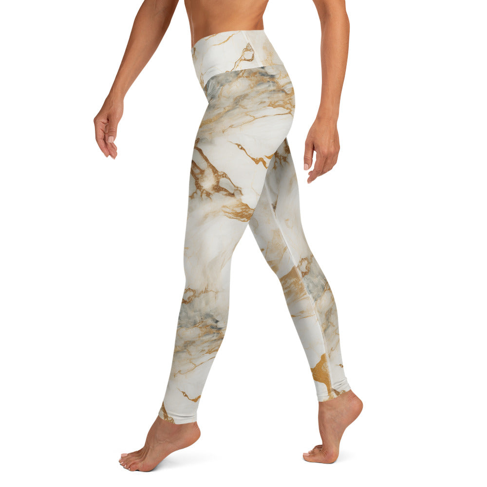 Hint of Gold White Marble Yoga Leggings