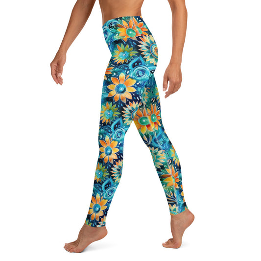 Shades of Blues Floral Printed Yoga Leggings