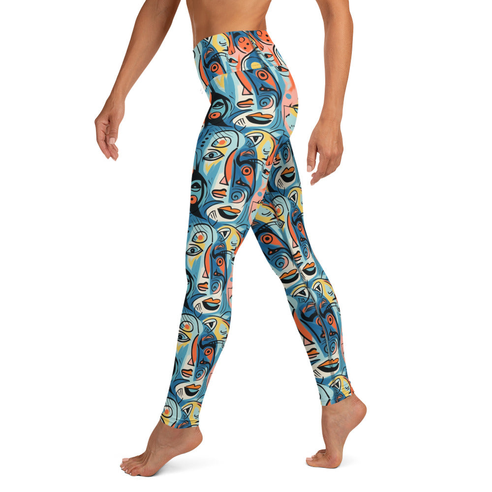 Blue & Yellow Faces Pop Art Printed Yoga Leggings