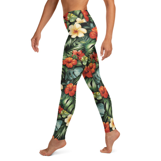 Red & Yellow Hibiscus Floral Printed Yoga Leggings