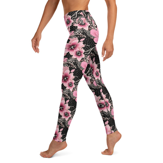 Pink Floral Pearl Pattern Printed Yoga Leggings