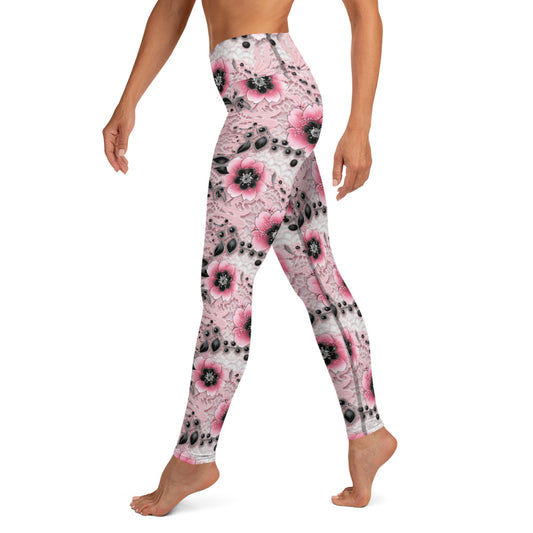 Pink & Black Floral Printed Yoga Leggings