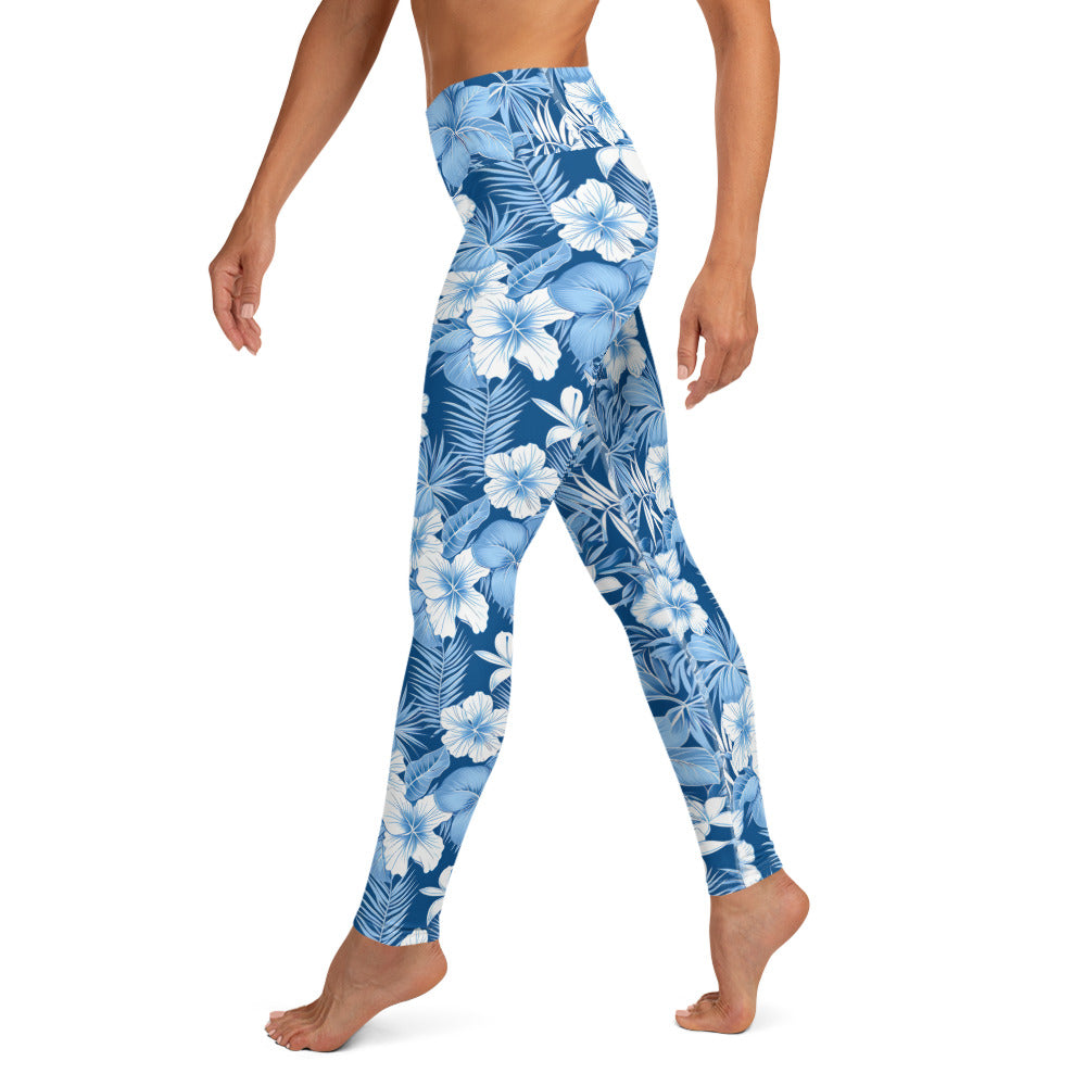 Shades of Blue Hibiscus Floral Printed Yoga Leggings