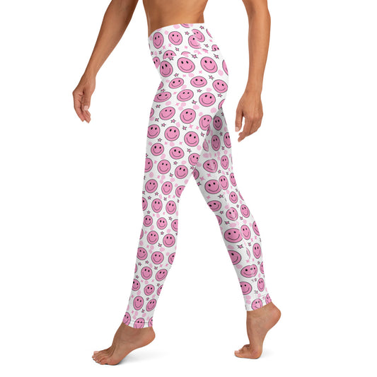 Groovy Pink Emoji Smiley & Stars Printed Yoga Leggings