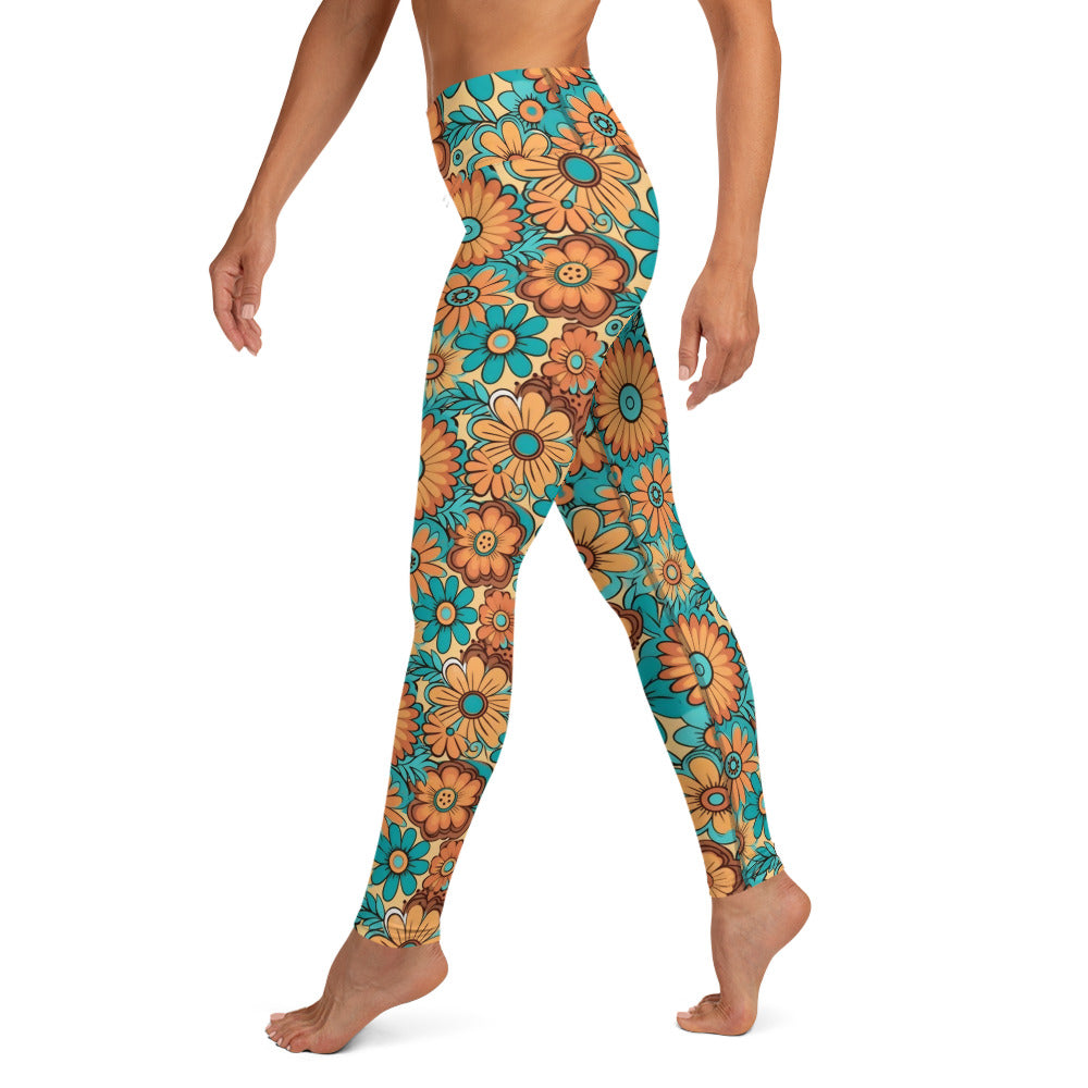 Turquois and Golden Floral Hippie Yoga Leggings