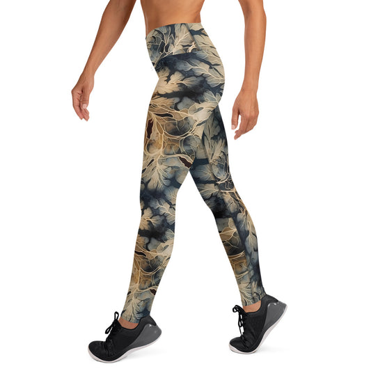 Abstract Golden Leaves Printed Yoga Leggings