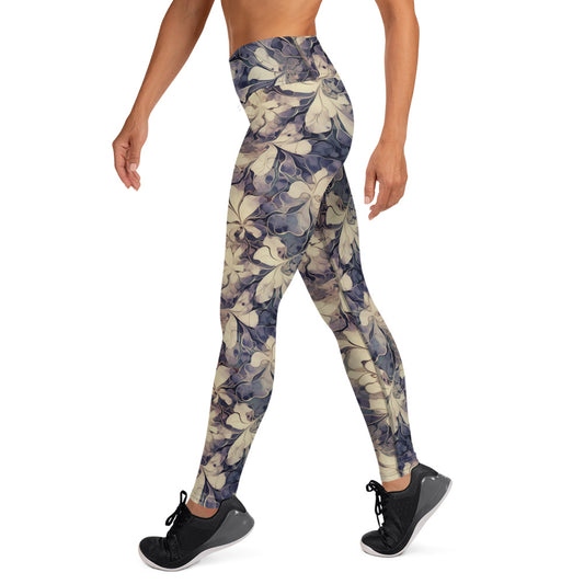 Purple Golden Leaves Pattern Printed Yoga Leggings