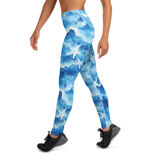 Watercolor Starfish on Waves Printed Yoga Leggings