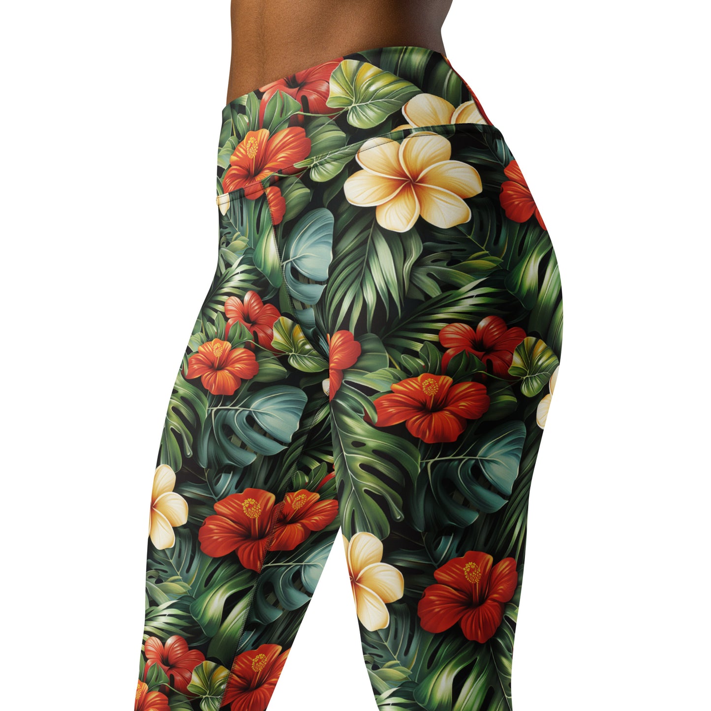 Red & Yellow Hibiscus Floral Printed Yoga Leggings