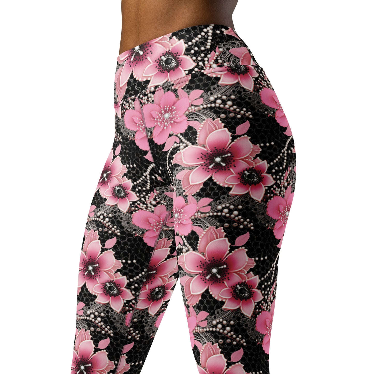 Pink Floral Pearl Pattern Printed Yoga Leggings