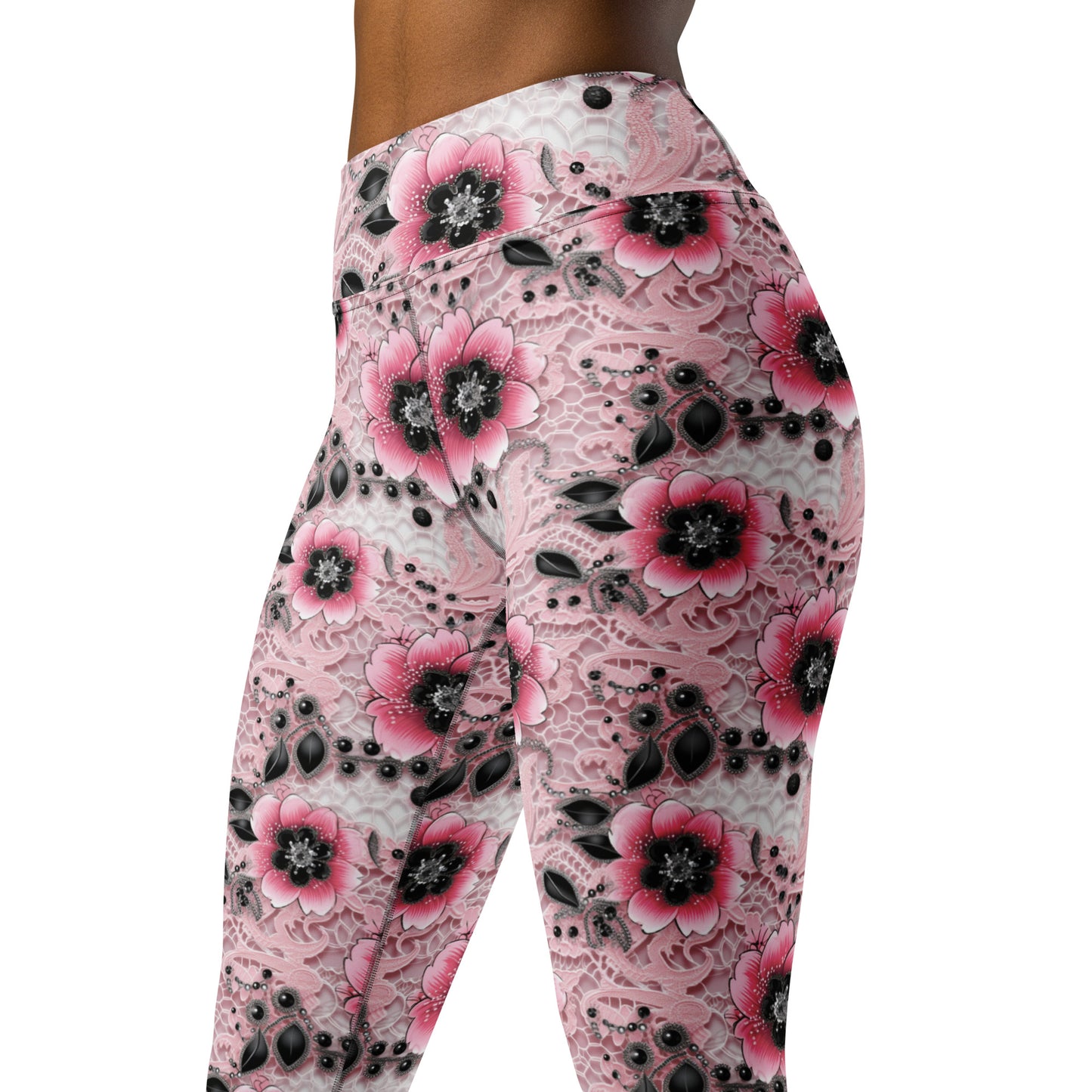 Pink & Black Floral Printed Yoga Leggings