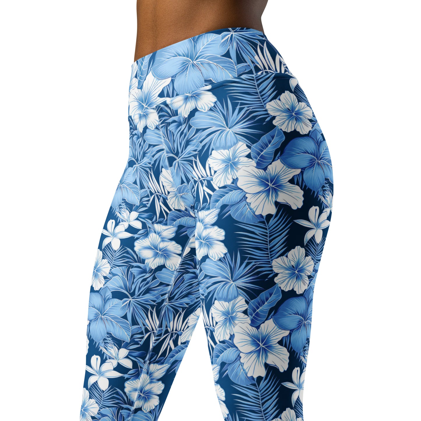 Shades of Blue Hibiscus Floral Printed Yoga Leggings