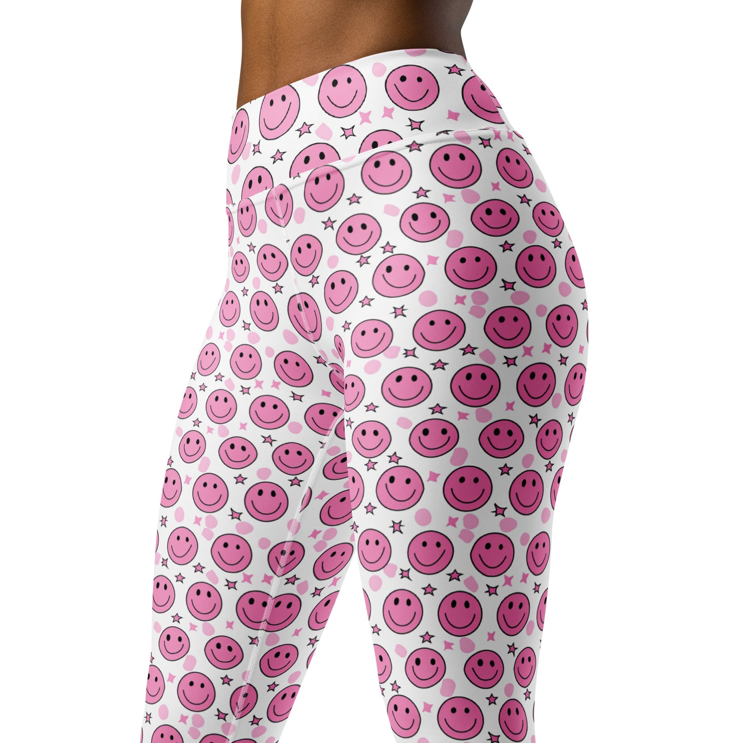 Groovy Pink Emoji Smiley & Stars Printed Yoga Leggings