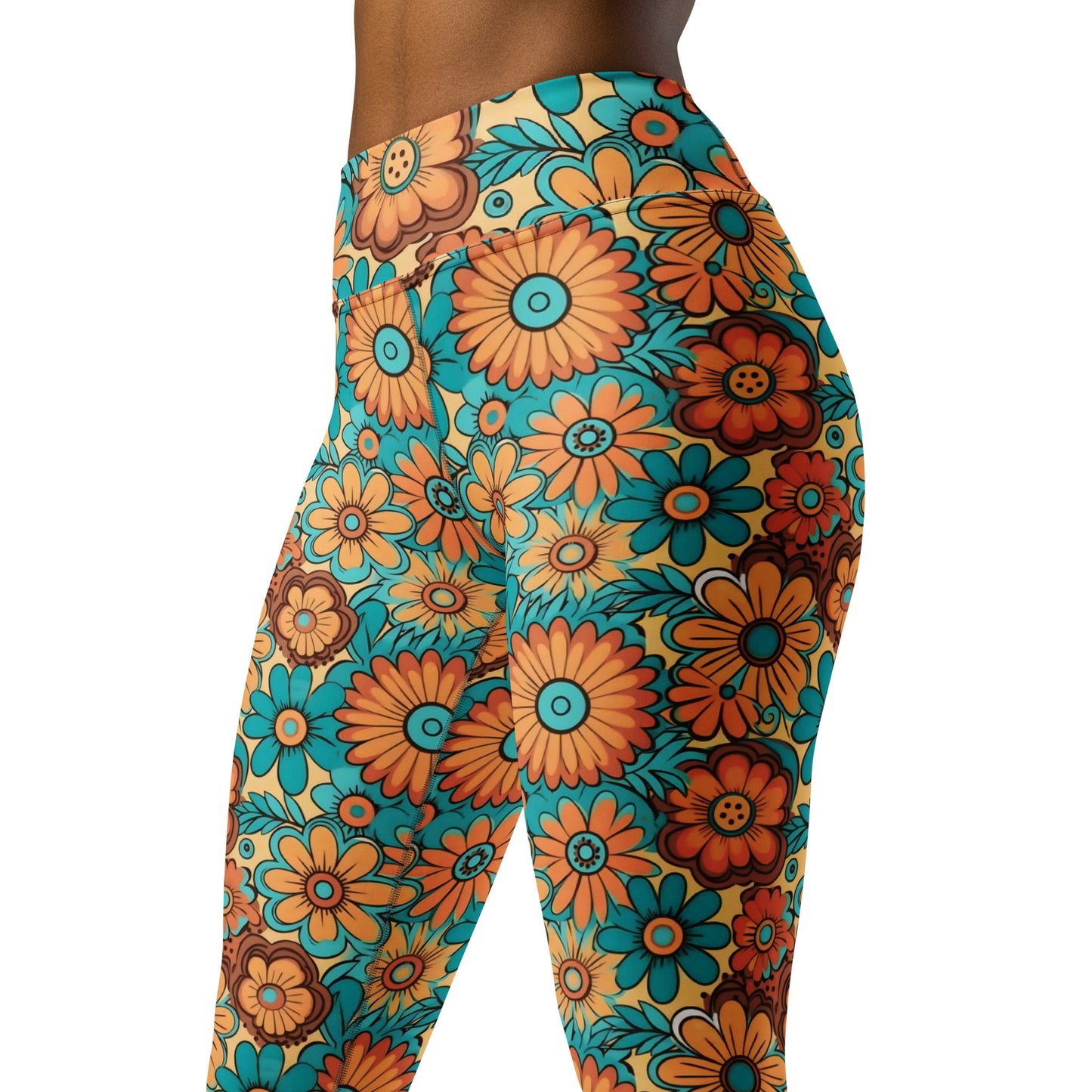 Turquois and Golden Floral Hippie Yoga Leggings