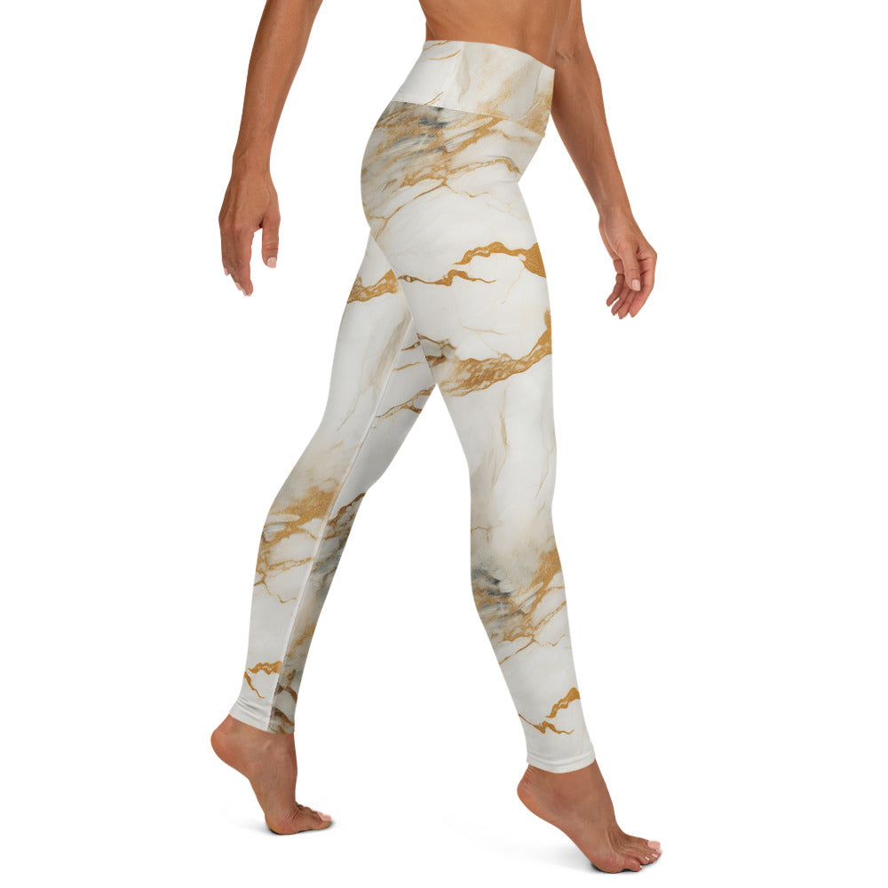 Hint of Gold White Marble Yoga Leggings