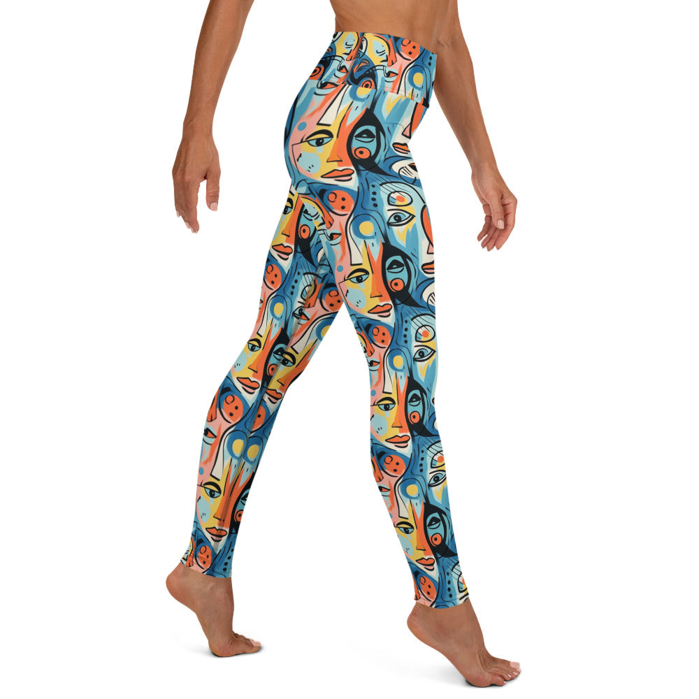 Blue & Yellow Faces Pop Art Printed Yoga Leggings