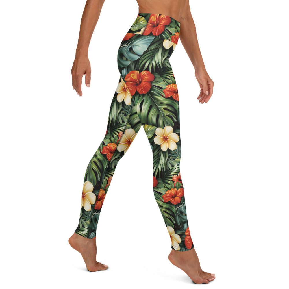 Red & Yellow Hibiscus Floral Printed Yoga Leggings