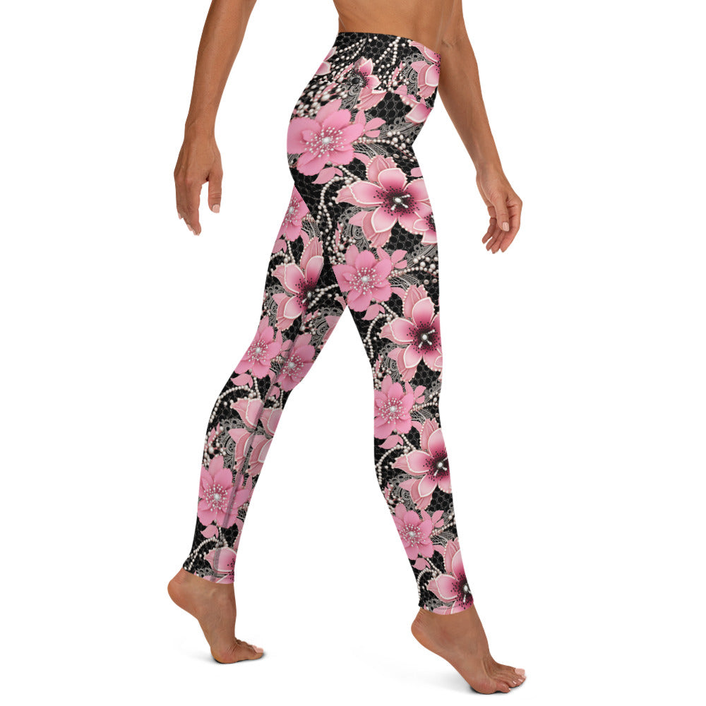 Pink Floral Pearl Pattern Printed Yoga Leggings