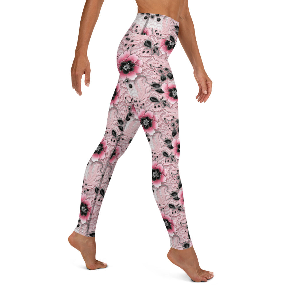 Pink & Black Floral Printed Yoga Leggings