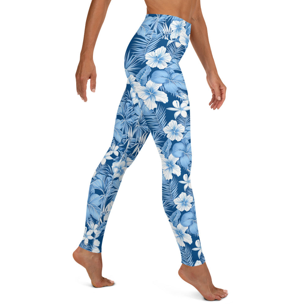 Shades of Blue Hibiscus Floral Printed Yoga Leggings