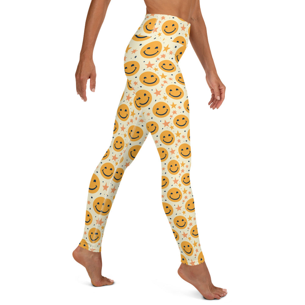 Yellow Emoji & Stars Printed Yoga Leggings