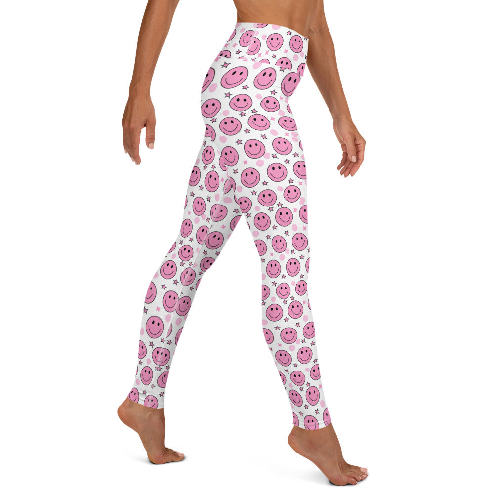 Groovy Pink Emoji Smiley & Stars Printed Yoga Leggings