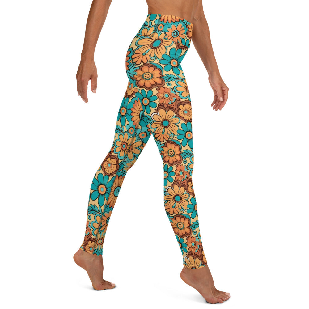 Turquois and Golden Floral Hippie Yoga Leggings